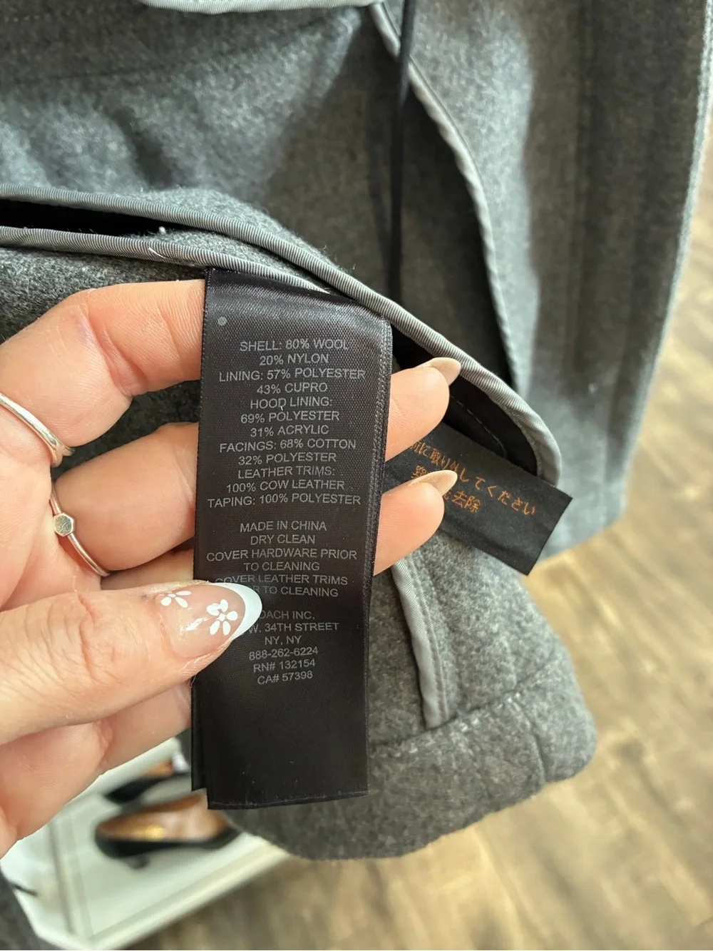 Coach Gray Quilted-Lined Wool Coat with Shearling Trim